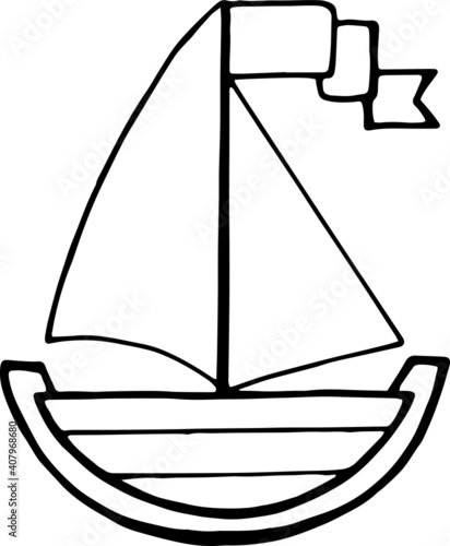 Beautiful hand drawn by linear ship, vector black and white summer illustration.