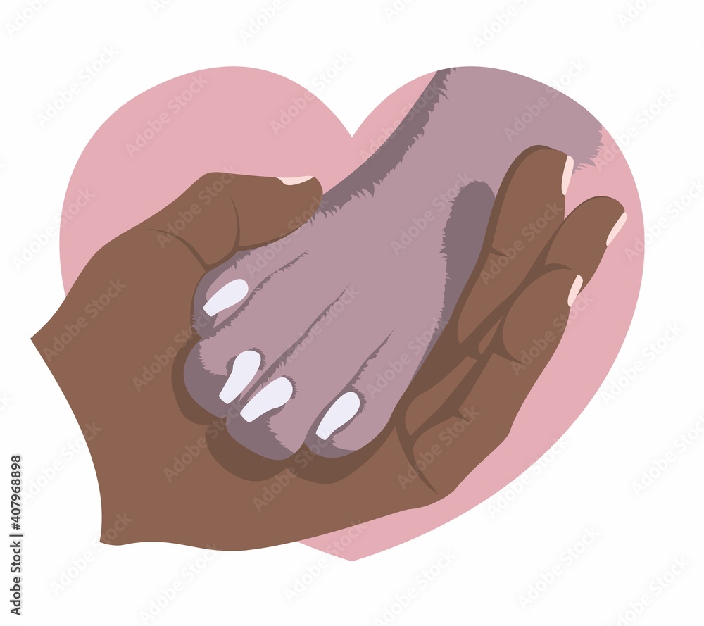 The hand gently holds a dog's paw on the background of a pink heart. Symbol of love for dogs. Animal protecting community. The hand gently holds a dog's paw on the background of a pink heart. Symbol of love for dogs. Animal protecting community.