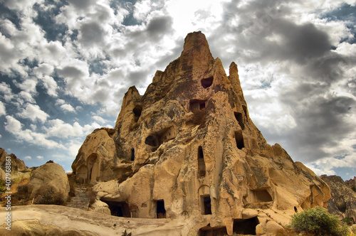 Ancient troglodyte village of Uchisar, in Cappadocia (Central Anatolia, Turkey). Fairy Chimneys