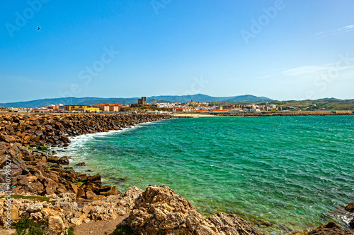 View of the Tarifa Bay and causeway connecting Isla de la Palomas with mainland. Tarifa, Spain