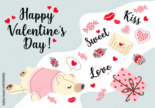 Valentine's Day. Isolated objects on white background. Collection of postcards. Vector illustration. Hearts, bear, candy,phrases, envelope. For congratulations, scrapbooking, diary,notes, invitations.