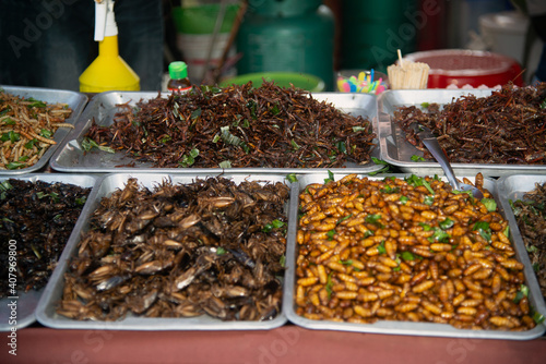 Salt-fried insects in food at Thai markets, this type of food is popular with Thai peoples.. © topten22photo