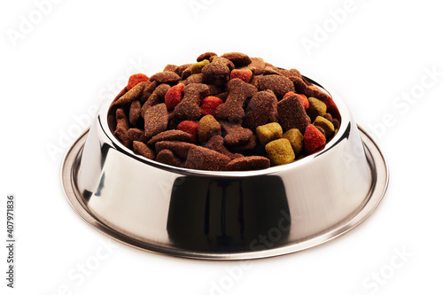 Close-up of iron cat bowl with a cat food isolated on white background