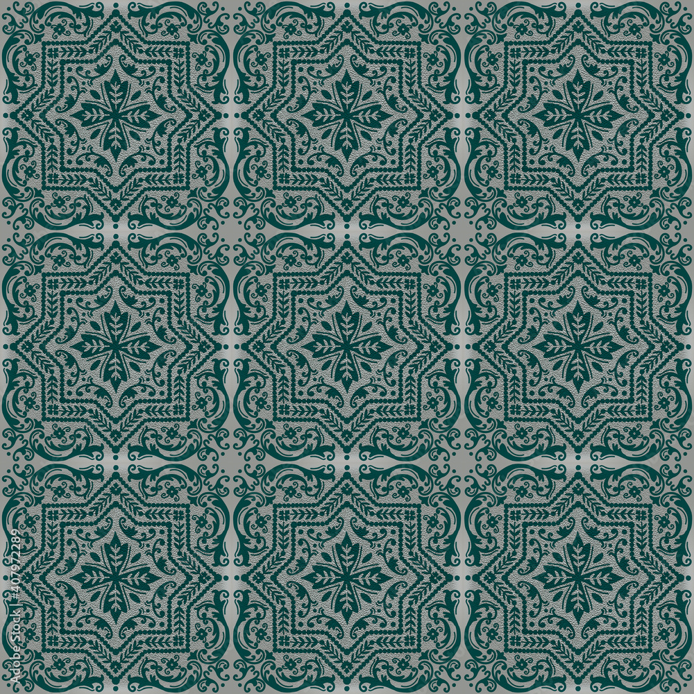 Hand-drawn Tiles green ornaments with grey texture background Hand-drawn Tiles green ornaments with grey texture background