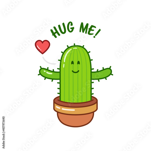 Inspirational romantic card. Cute hand drawn illustration. Cartoon cactus with text. Hug me. Vector postcard.
