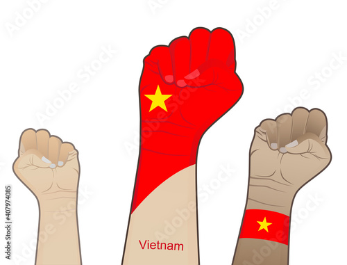 The spirit of struggle by lifting the hand with the Vietnamese flag