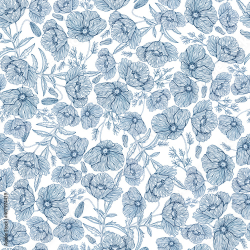 Flower Wild Poppy of Root Chakra pattern blue lines
