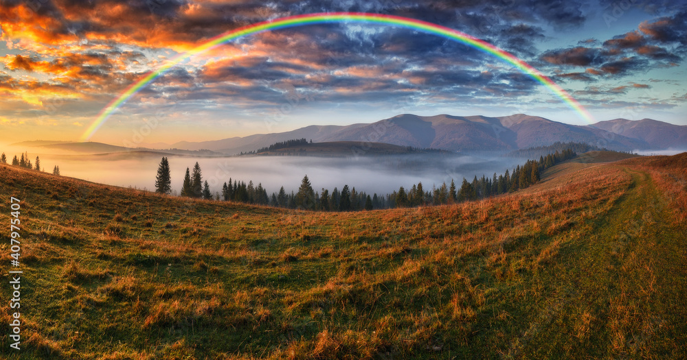 Rainbow over the Mountains. autumn morning in the Carpathians - obrazy, fototapety, plakaty 