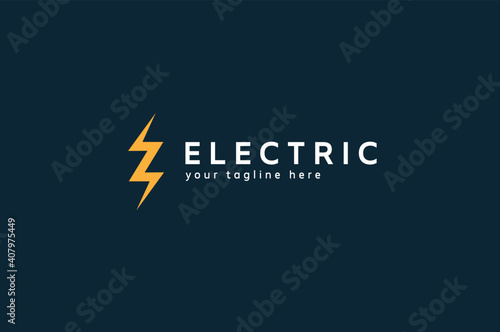 Electric Logo, yellow lightning bolt isolated on dark barkground, tunder bolt design logo template, vector illustration