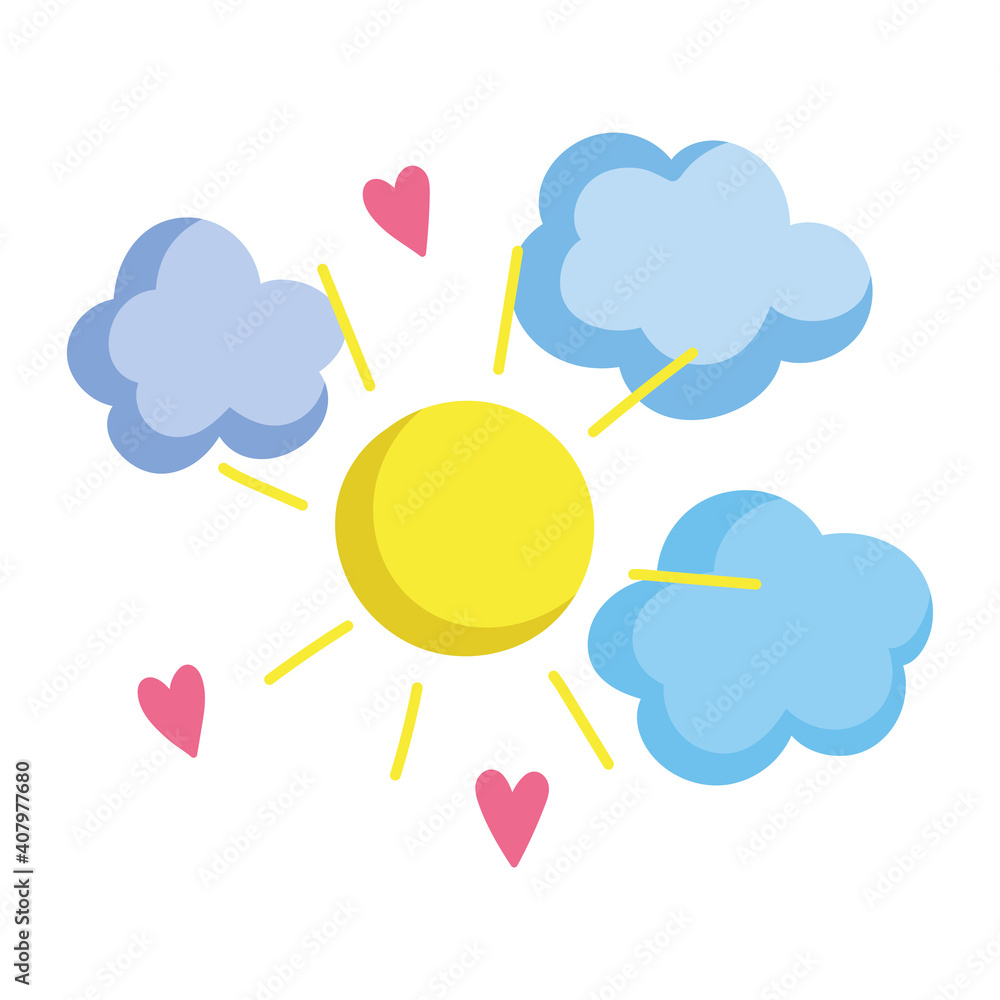 cartoon sun clouds and hearts decoration icon isolated design