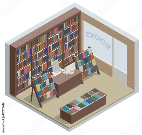 Isometric Book shop interior isolated on white background. Books, science, knowledge. Storefront and a shelf with books.