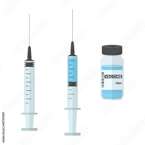 Full and empty syringe. Vaccine ampoule. Vaccination concept, isolated vector illustration.