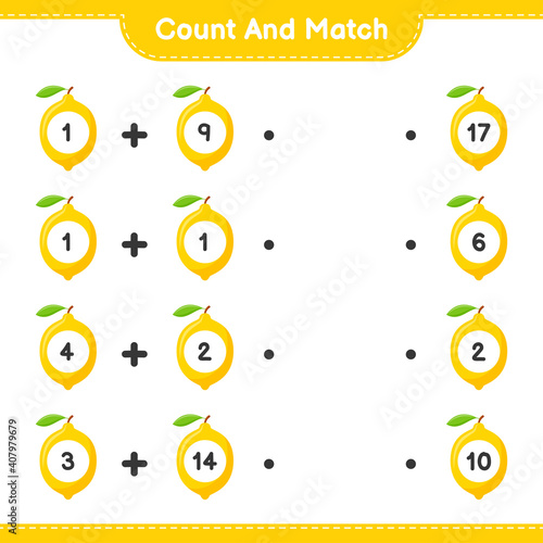 Count and match, count the number of Lemon and match with right numbers. Educational children game, printable worksheet, vector illustration