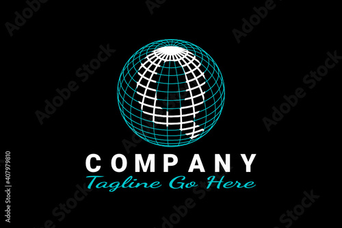 3D vector logo element with globe illustration and outline pattern forming initials 