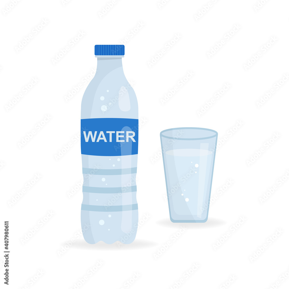 Water bottle and full glass of water. Vector illustration isolated on a white background. Water bottle and full glass of water. Vector illustration isolated on a white background.