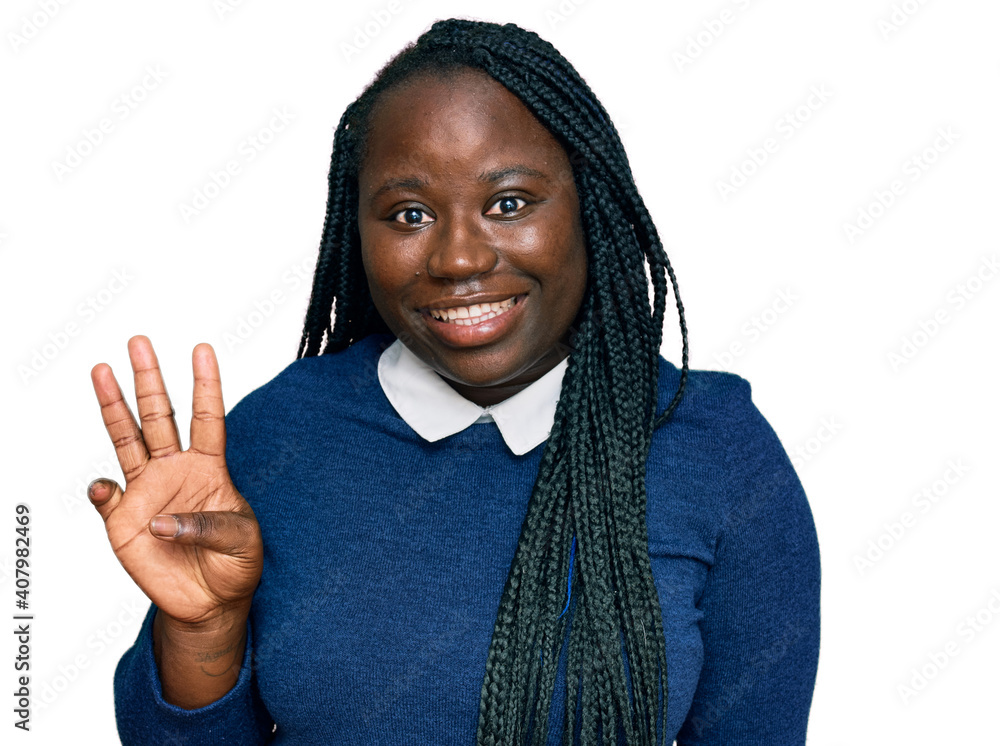 Young black woman with braids wearing casual clothes showing and pointing up with fingers number three while smiling confident and happy. Young black woman with braids wearing casual clothes showing and pointing up with fingers number three while smiling confident and happy.