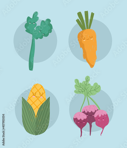 cartoon vegetables carrot celery beetroot and corn icons