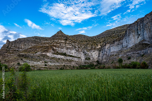 Grass field on background of high mountain rocks under the blue sky in Erzurum, Turkey photo