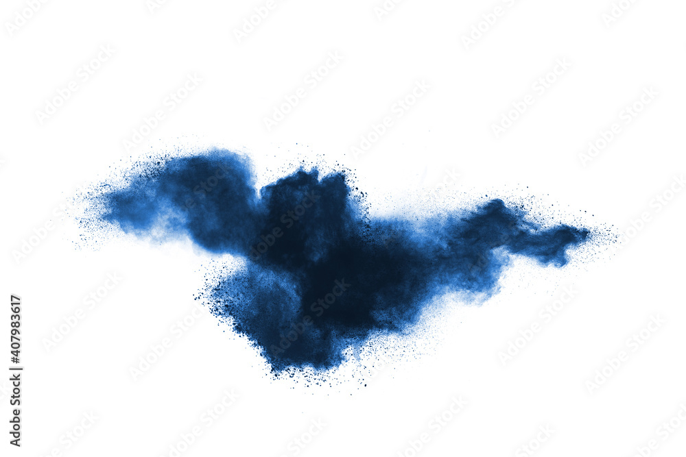 Blue powder explosion isolated on white  background.