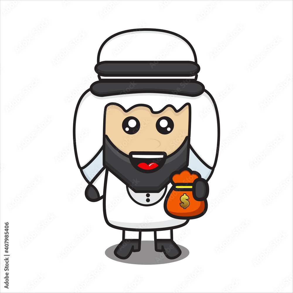 cute arab male mascot carrying money bag, arab man character with cute mustache on white background vector eps 10
