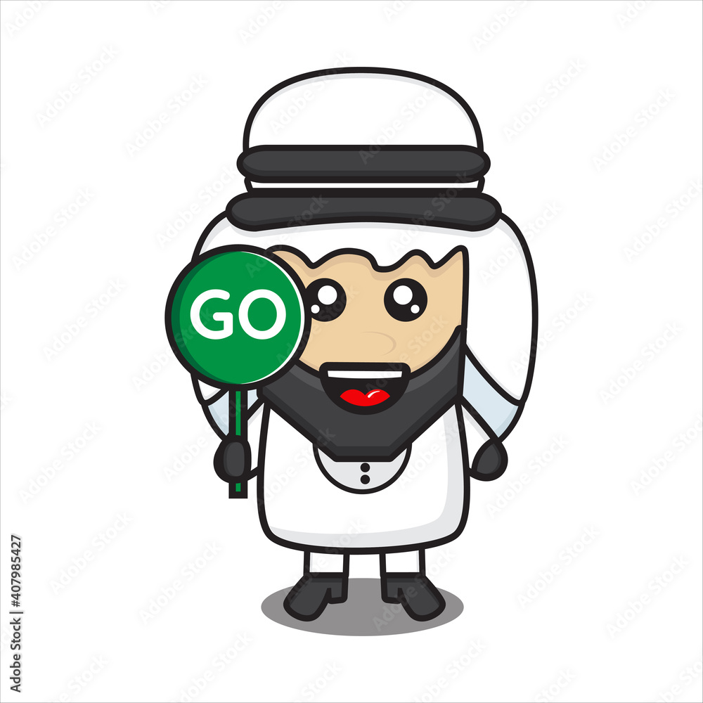cute arab male mascot with go sign, arab man character with cute mustache on white background vector eps 10 cute arab male mascot with go sign, arab man character with cute mustache on white background vector eps 10