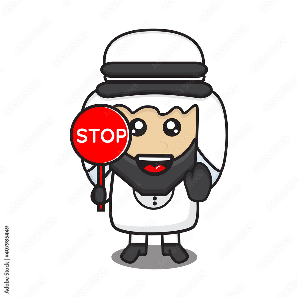 cute arab male mascot with stop sign, cute arab man character with mustache on white background vector eps 10