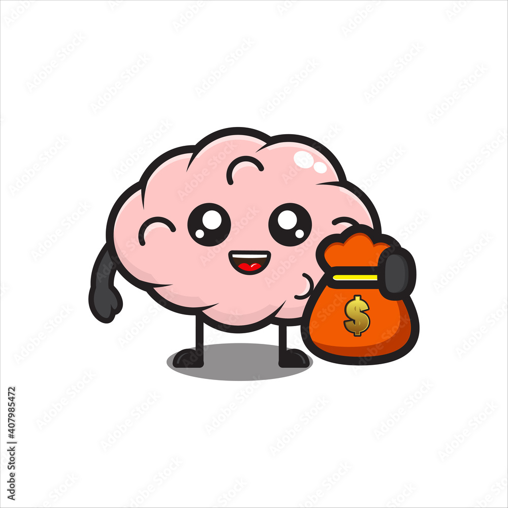 cute brain mascot illustration holding bag full of money, cute scrambled character on white background vector eps 10 cute brain mascot illustration holding bag full of money, cute scrambled character on white background vector eps 10