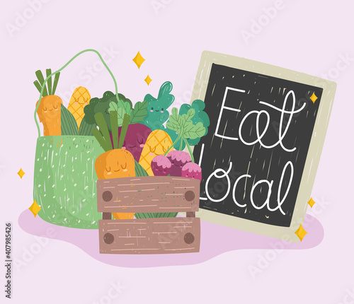eat local board, wood basket and eco bag with vegetables fresh food cartoon