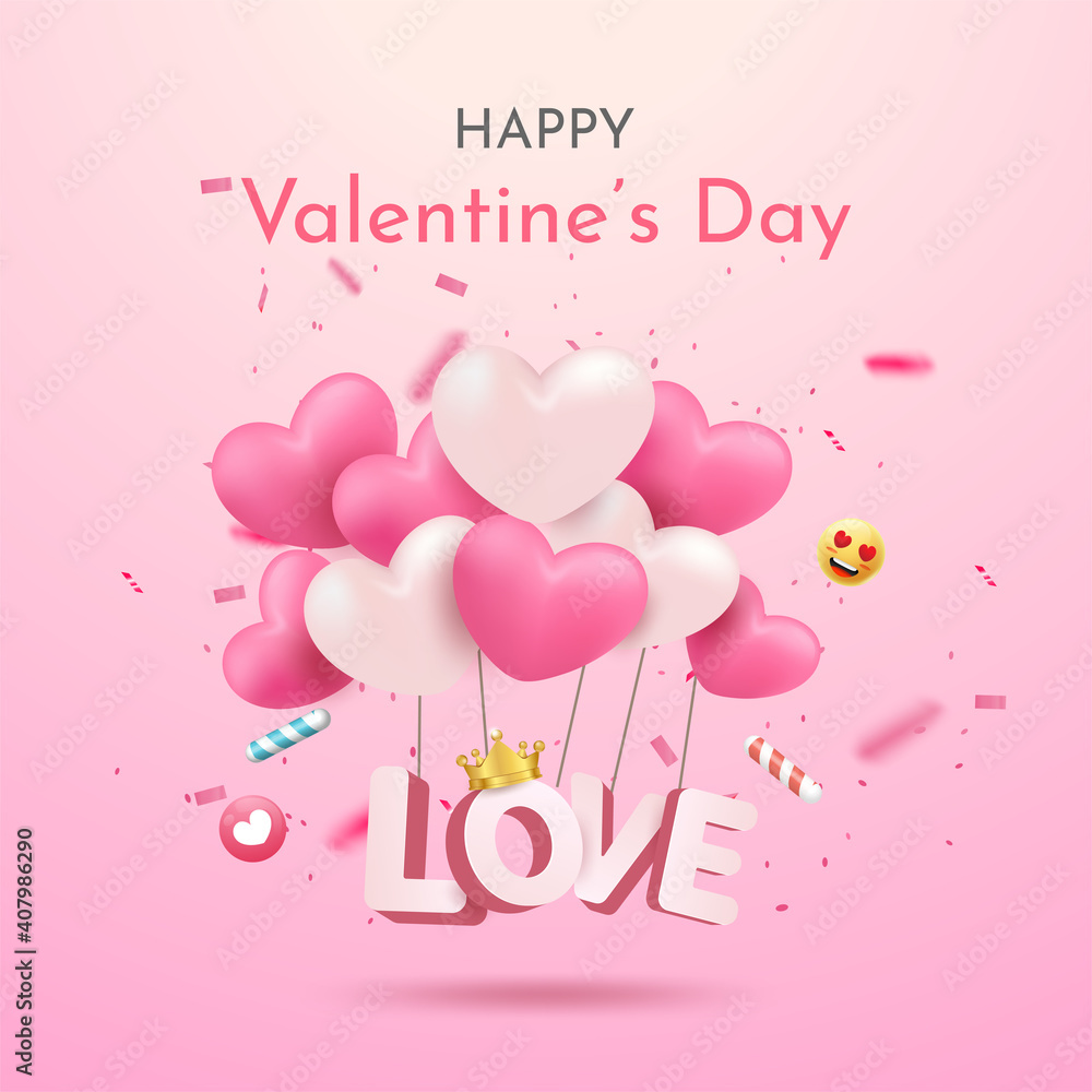 Valentine's Day Sale on pink background. Love composition with heart balloon, emoji and 3d letter design. Vector illustration template for website, posters, ads, coupons, promotional material.