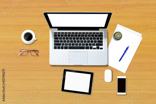 Top view computer notebook and smartphones mobile phone isolated office style .
