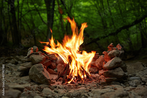 Closeup of a burning bonfire in the mountains in summer. © Myshkovskyi