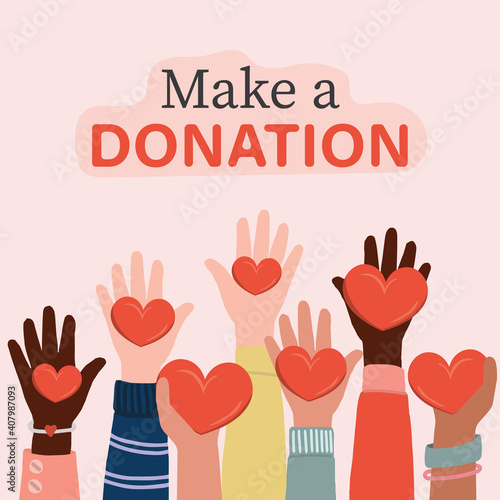 Volunteers, social workers holding hearts in palms. Children and international people raising hands. Multiethnic society unity, togetherness. Charity, fostering, social help.  vector illustration
