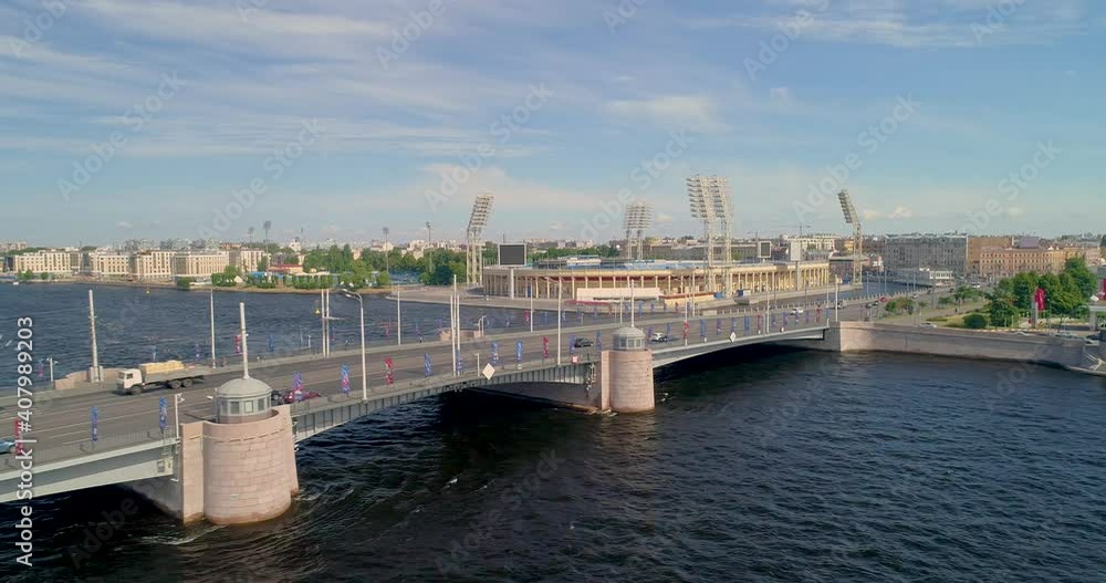 Tuchkov Bridge is a bascule bridge across Little Neva in Saint Petersburg, Russia. Aerial view Tuchkov Bridge is a bascule bridge across Little Neva in Saint Petersburg, Russia. Aerial view