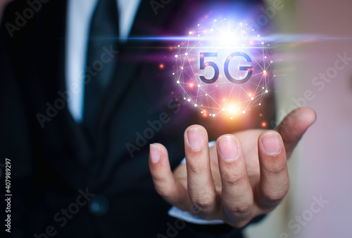 Business people are using innovative technology 5G. Mixed media, digital concepts and connecting the world.