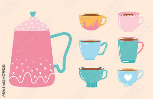 tea and coffee kettle and collection various cups