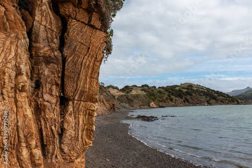 The sandstone cliff face at Duvauchelle on the Banks Peninsula, Canterbury, New Zealand. The surface is fractured, highly coloured and textured. Beach in the background.