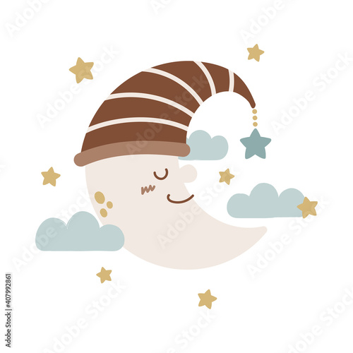 Vector illustration of cute sleeping crescent moon, cloud, and stars. Isolated on white background. Suite for baby shower card, invitation, nursery decor, sticker, baby wear, and more.