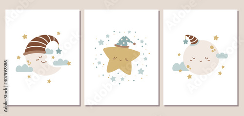 Set of cute moon and star cards or posters for baby shower, invitation, room decoration, and more. Moon and star characters in neutral colors.