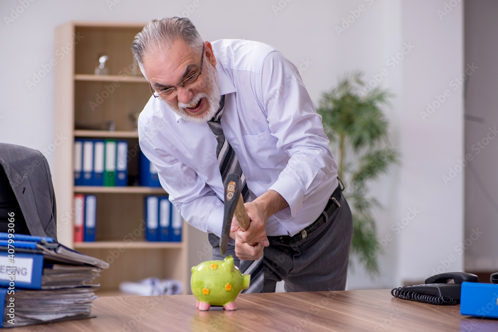 Fototapeta premium Old male employee holding hatchet in budget planning concept