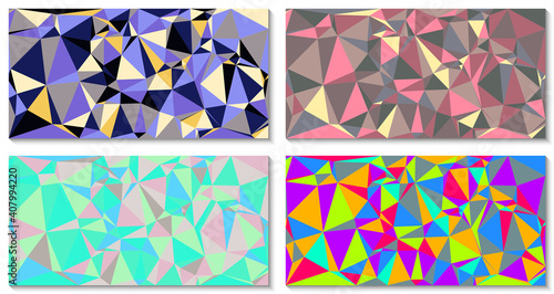 Set of Abstract Modern bright polygonal mosaic backgrounds in neon and holographic colors. Geometric texture background in low poly style. Business design templates.