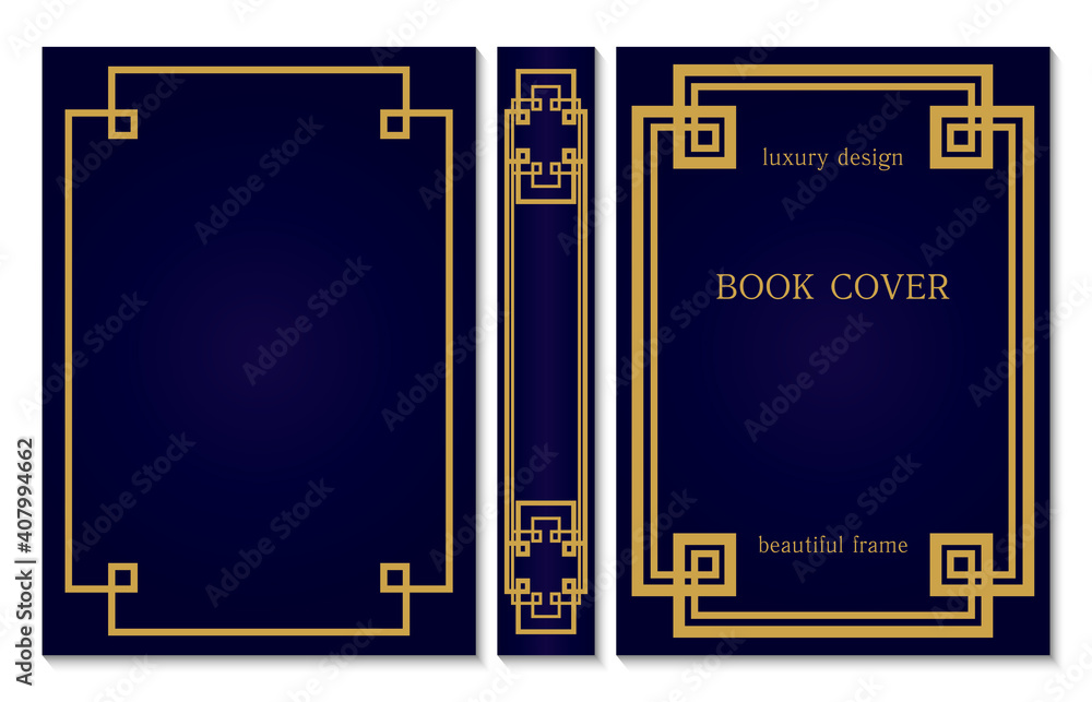 Sample design of cover and spine of the book. Gold frame on dark blue ...