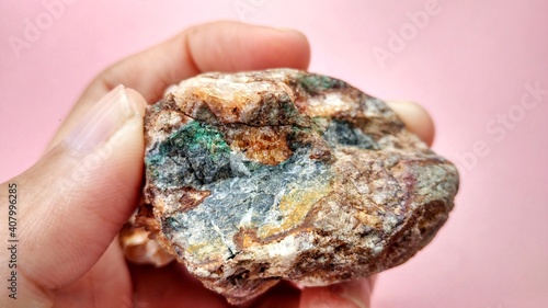 Canvas Print igneous andesite altered in hydrothermal alteration zone, with vein, quartz, chlorite, calcite, pyrite and calcopyrite