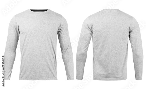 Fotografie Grey T shirt long sleeves mockup front and back used as design template, isolated on white background with clipping path