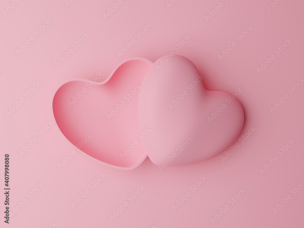 Open pink pastel heart shaped box on pink background. Valentine's day concept. 3D Rendering illustration