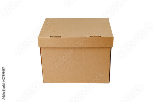 brown box with an opening lid on a white background.