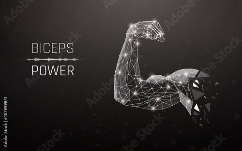 Human power low poly wireframe banner template. Polygonal physical strength, strong biceps bodybuilder, athlete body mesh art illustration. 3D muscles of a male arm, bent biceps with connected points