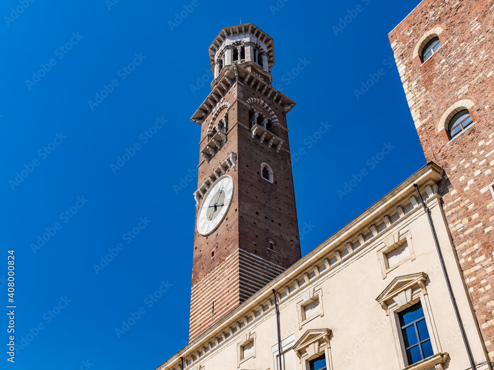 Torre dei Lamberti in Verona, northern Italy, on blue sky background