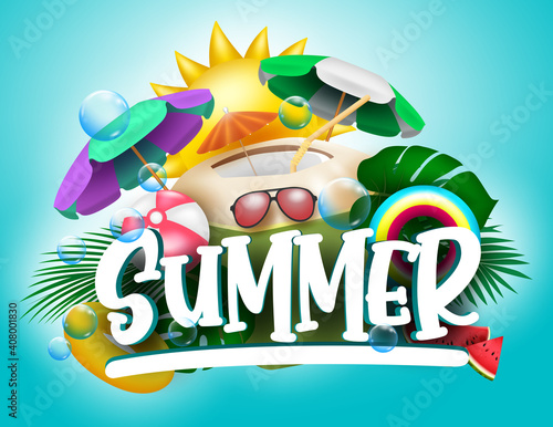 Summer vector banner design. Summer text with tropical season elements like coconut juice, umbrella, floater and beachball for holiday season vacation. Vector illustration
