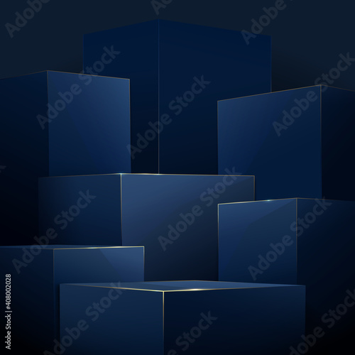Abstract blue and gold geometric podiums, luxury concept background. Vector illustration