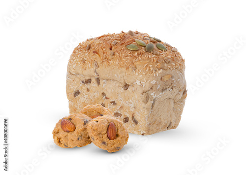 Almond Cookies and grain bread on white background.